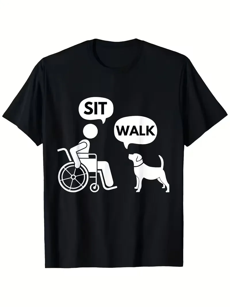 Funny Reverse Dog Command Cotton T-Shirt for Adults & Kids Wheelchair User Walking Dog While Sitting Humorous Imaginative Design