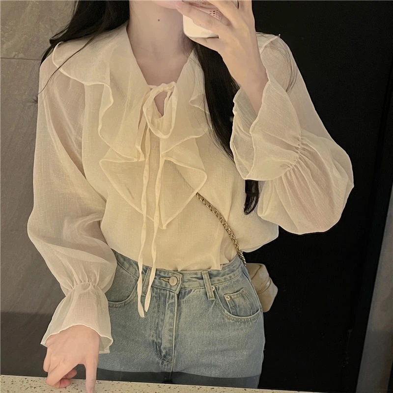 Women Shirt Korean Office Ladies Half Open Collar Pullover Blouse Summer Loose Sweet All Match Chic Solid Female Tops New