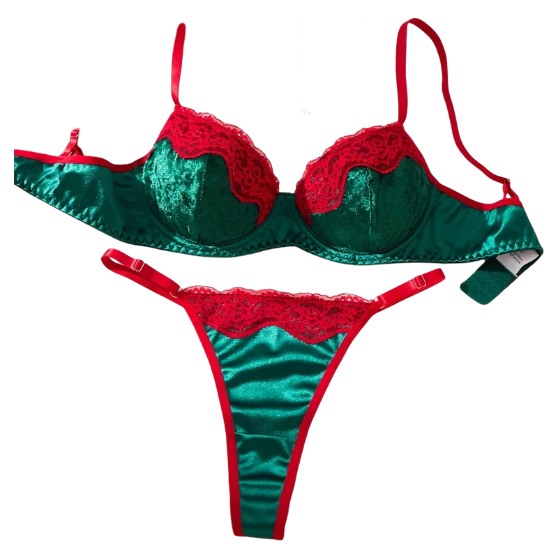 Christmas Customized Style, Sexy Underwear Set in Green and Red, Featuring a Thong Style. Christmas Carnivals Sexy Bra ZA825175
