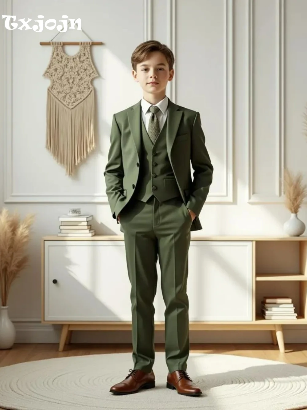Green Smart Kids Suit Set Jacket Vest Pants 3 Pieces School Activities Wear Spring Notched Lapel Boys Suits Performance Tuxedo