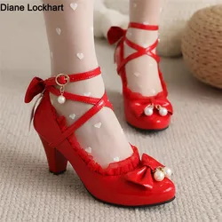 Lente Vrouwen Hoge Hakken Cross Strap Mary Jane Pompen Feest Bruiloft Cosplay Wit Rood Zwart String Bead Bow Prinses Lolita Schoenen