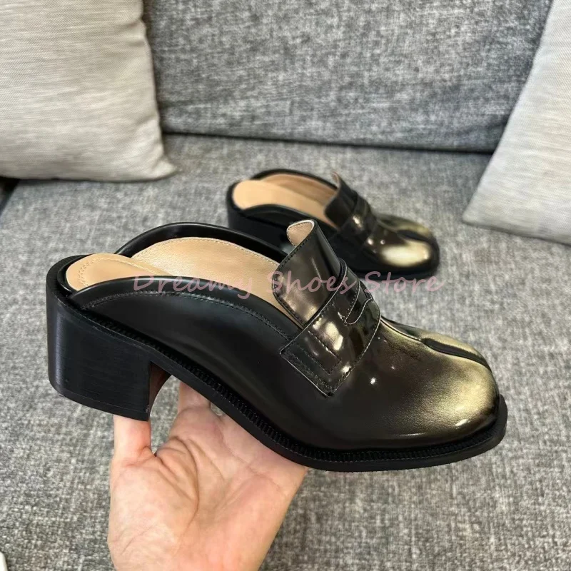 

Black Split Toe Platform Mule Shoes Slippers Women Patent Leather Chunky Heels Slip On Slippers Fashion Trendy Party Causal Shoe