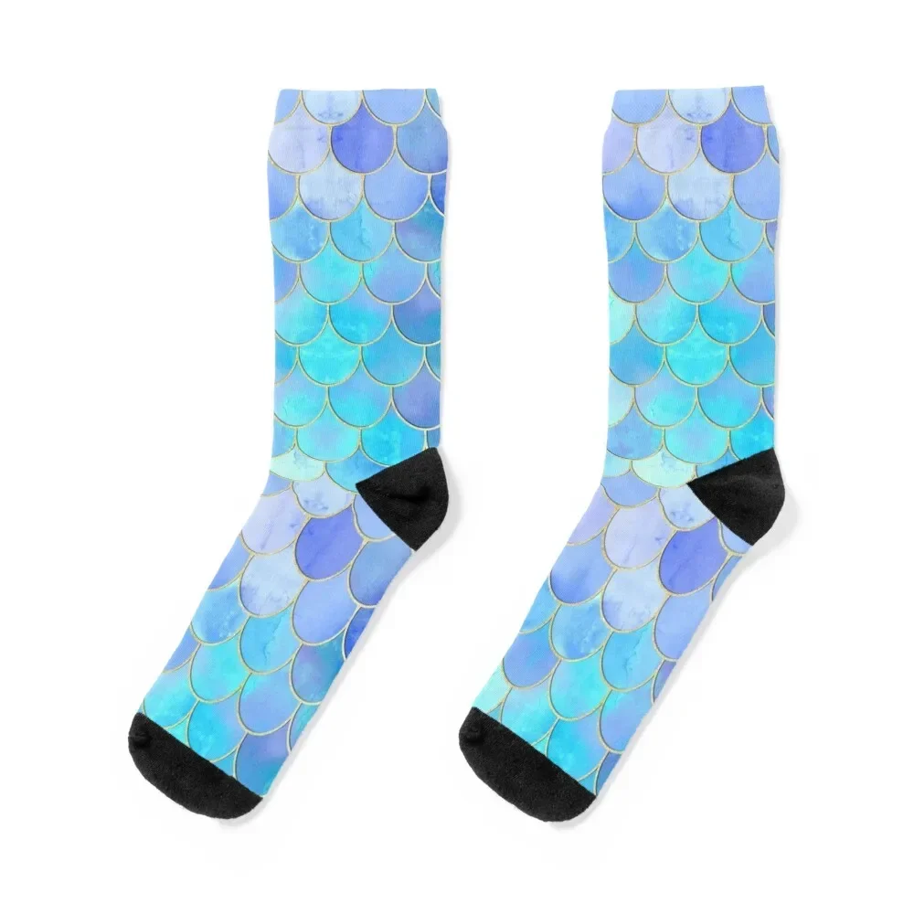 Aqua Pearlescent & Gold Mermaid Scale Pattern Socks anti slip football cycling Men Socks Women's