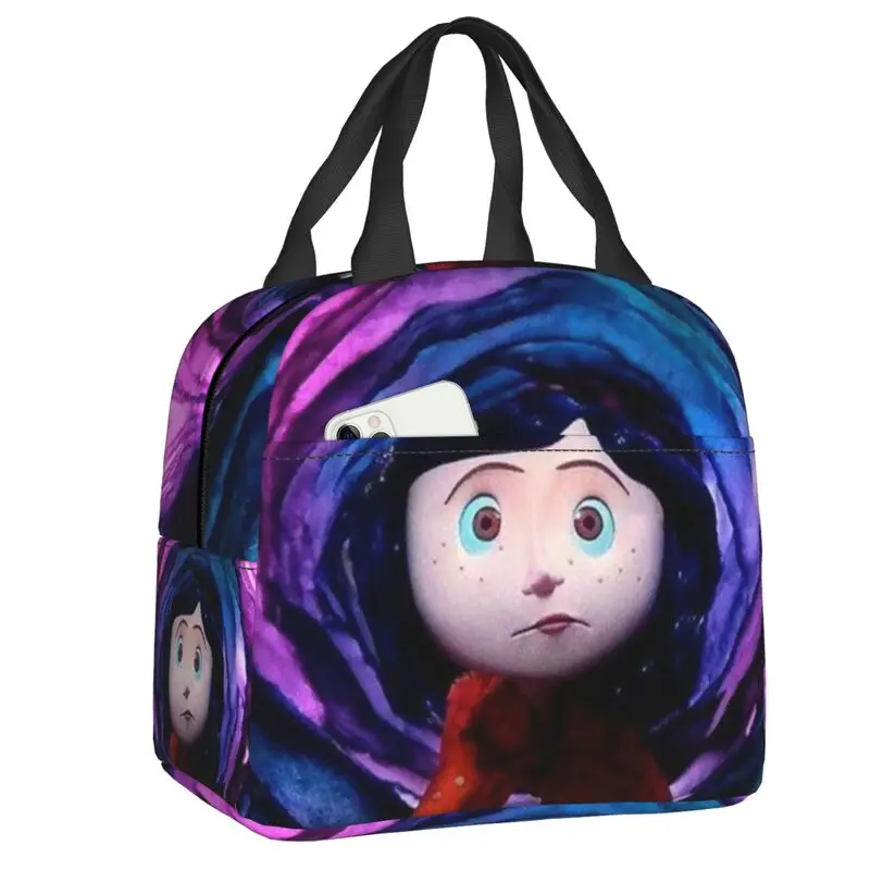 Custom Horror Movie Coraline Insulated Lunch Box Women Portable Thermal Cooler Lunch Bag Picnic Food Container Tote Bags