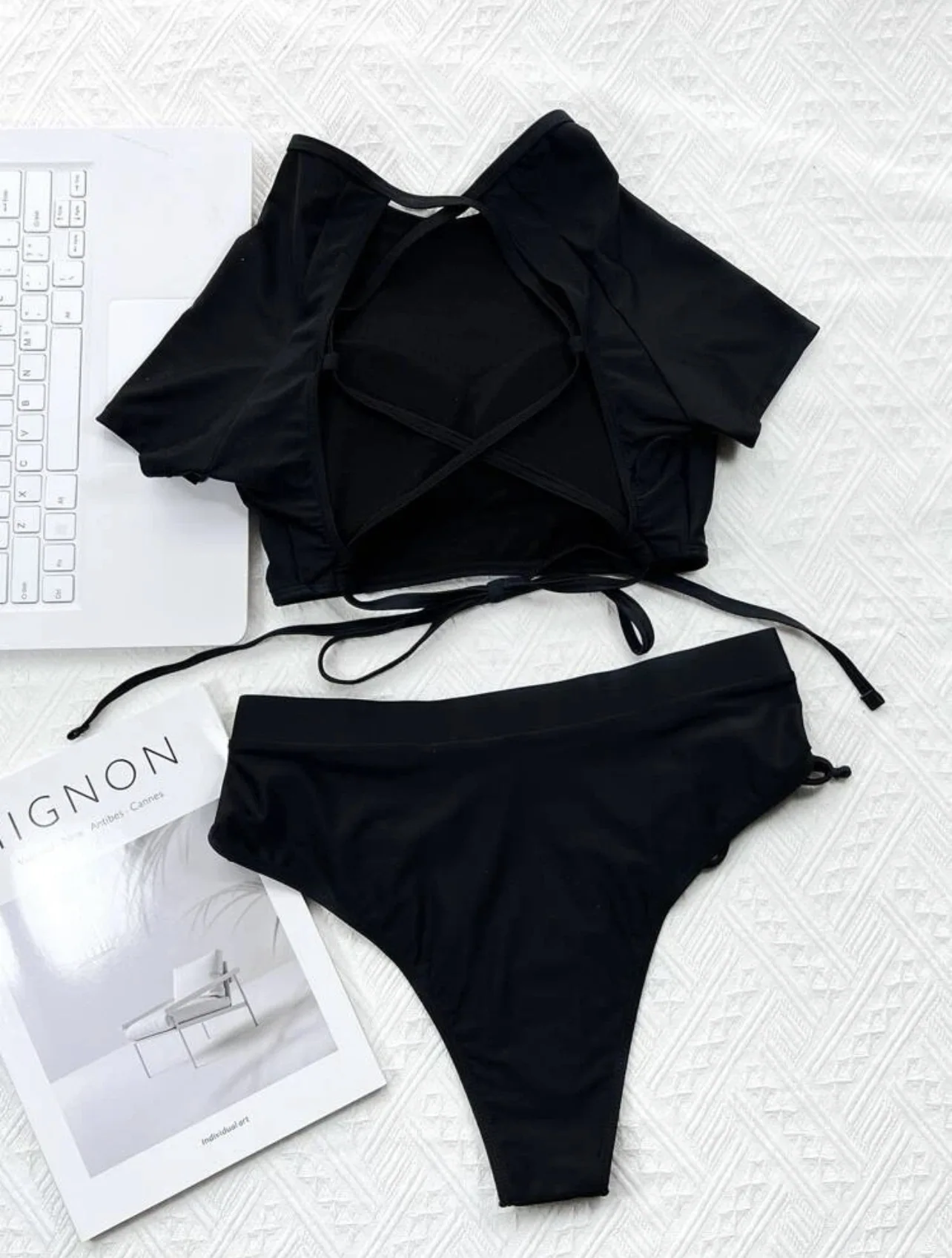 

Sexy Neon Geen Bikini Women 2025 Summer Short Sleeve Sport Black Swimsuit Bathing Suit Drawstring Bandage High Waist Swimwear