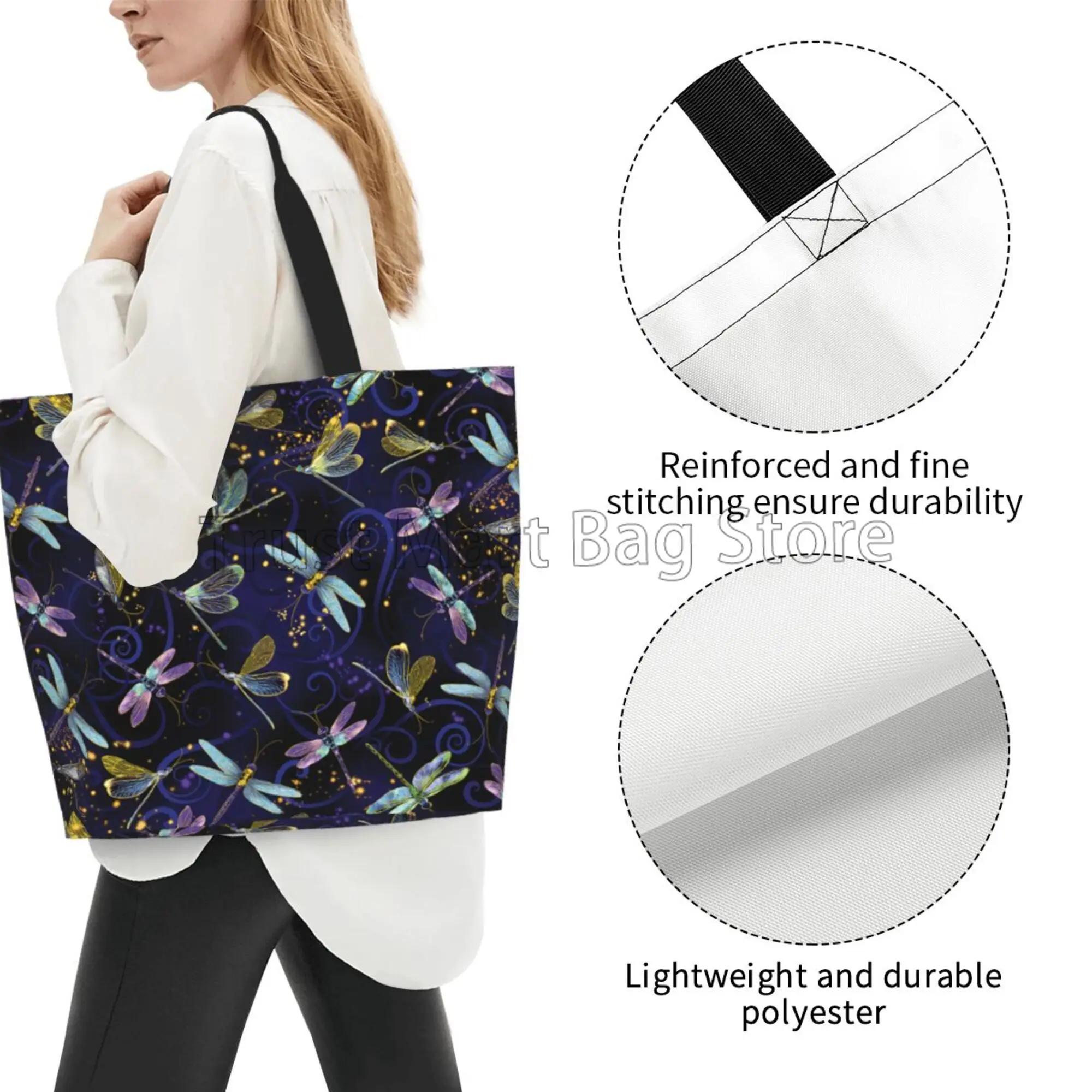 Dragonfly Galaxy Large Capacity Tote Bag Travel Shoulder Bag Handbag Reusable Grocery Shopping Bag Gifts for Women Girls