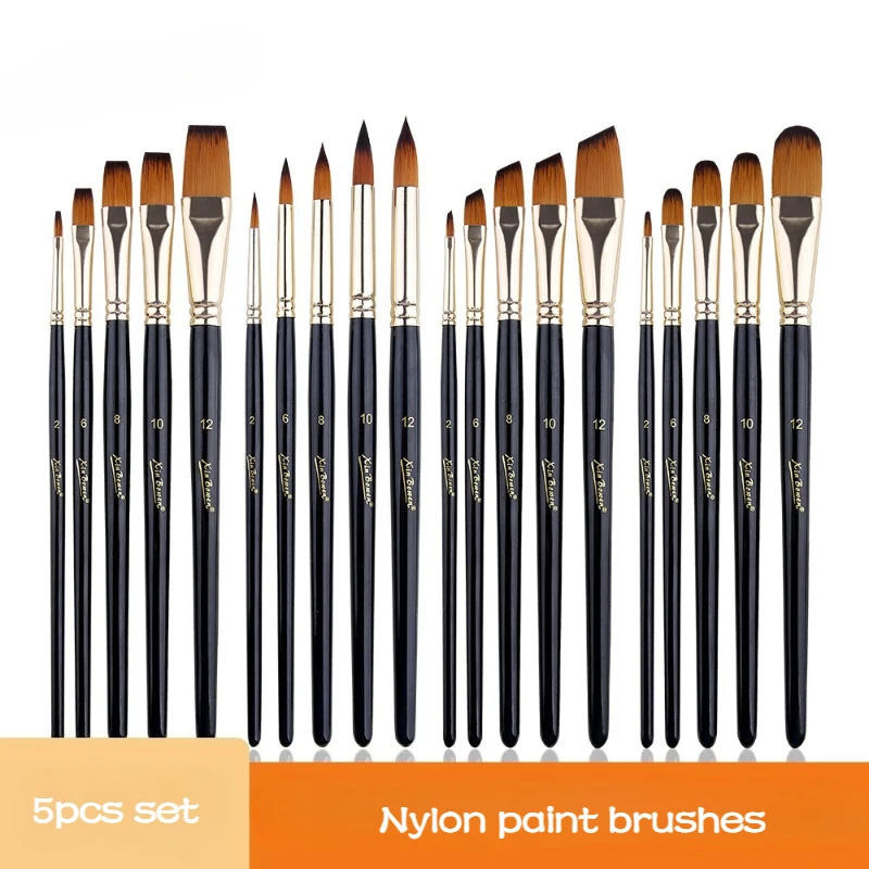 5pcs Nylon Paint Brush Set Good Water Storage for Acrylic Watercolor Gouache Oil Painting Beginners Artists Art Supplies