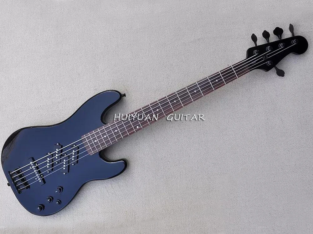 5 Strings Black Electric Bass Guitar with 4 Pickups,Rosewood Fretboard,20 Frets,Customized Logo/Color Available