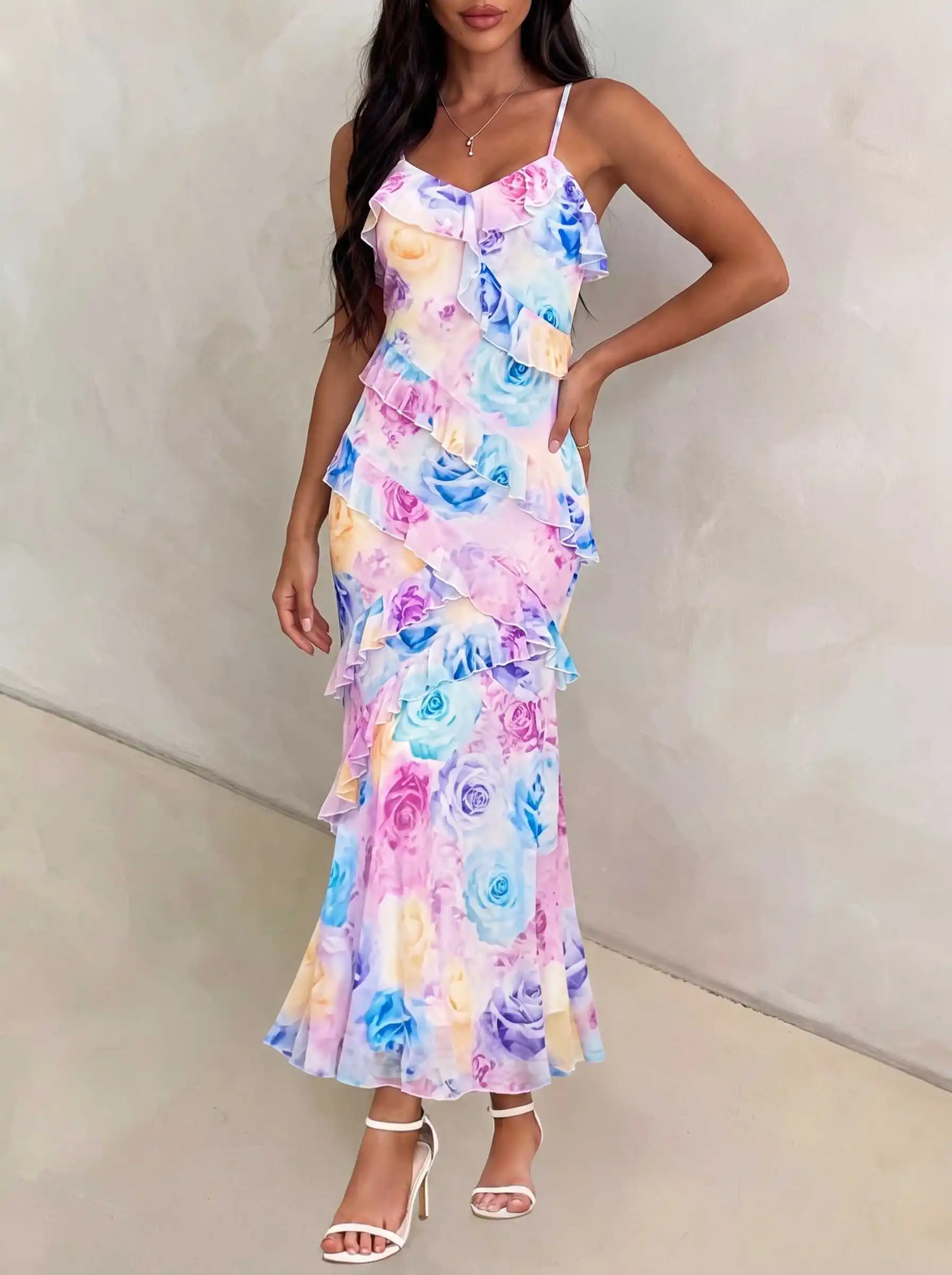 Damen Aquarell-Rosen-Print Cami-Kleid mit Rüschen, Chiffon-Midikleid, Spaghettiträger, fließendes Kleid für Urlaub, Strandparty, Ferien – Detail 25