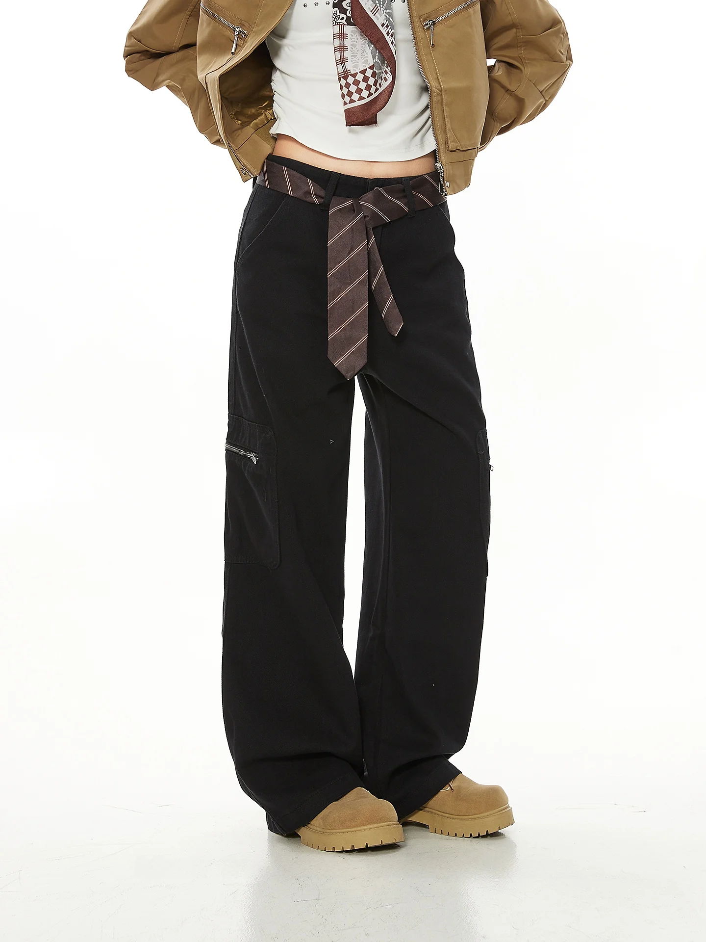 

Американские черные прямые брюки в стиле High Street для женщин, весна-осень, новый стиль, рабочая одежда с множеством карманов, модные брендовые джинсы