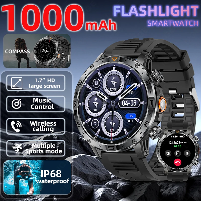 

LIGE 1000mAh Battery Military Outdoor Smart Watch Men 1.7inch Large Display Compass Watch Sports Fitness Waterproof Smartwatch