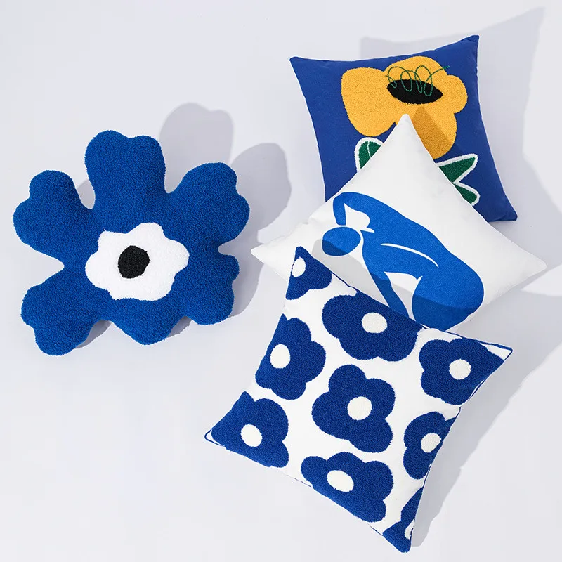 

Home Furnishing Decoration Cushion Cover Blue Sunflower Pillow Case Cotton Square Embroidery Pillow Cover 45x45cm