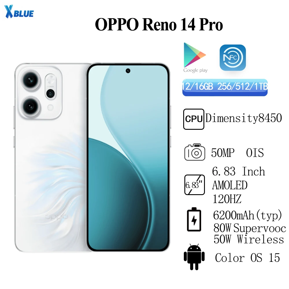 بطارية OPPO Reno 14 Pro Dimensity8450 ثماني النواة 50MP OIS OTA NFC IP68 IP69 بقدرة 6200 مللي أمبير في الساعة 80 وات SuperVOOC 50 وات لاسلكية 6.83 بوصة AMOLED 120 هرتز
