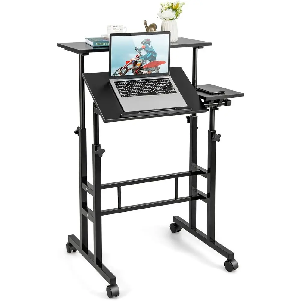 

Регулируемая по высоте тележка для ноутбука на колесиках для дома и офиса, подходит для использования стоя или сидя за столом (черная)