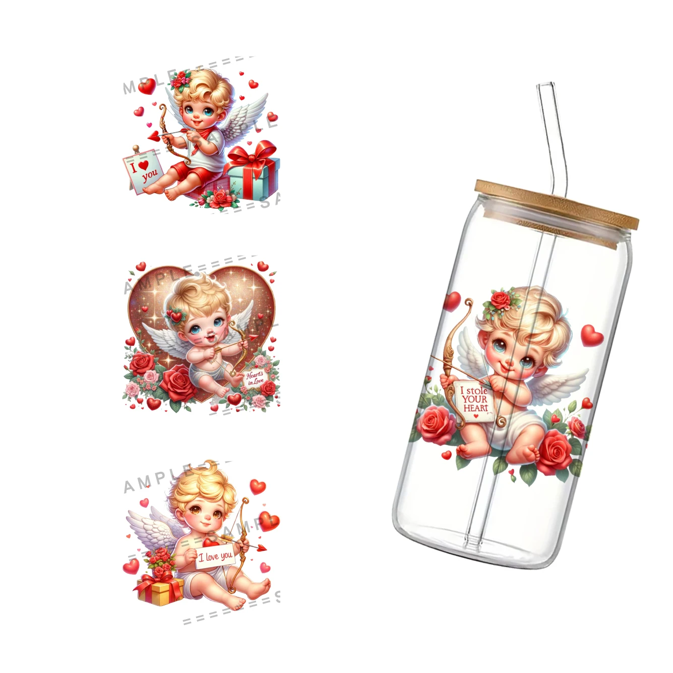 Valentine's Day Cute Angel Cupid For Libbey 16oz Can Glass 3D Waterproof UV DTF Coffee Can Wrap Libbey Glass Wrap 11X11CM