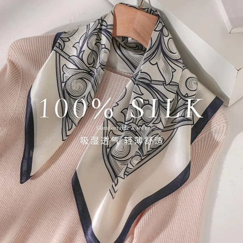 Fashion 100% Natural Real Silk Scarf Women Scarves Spring Luxury High Quality Hijab New Bandana Square Wrap Kerchief elegant