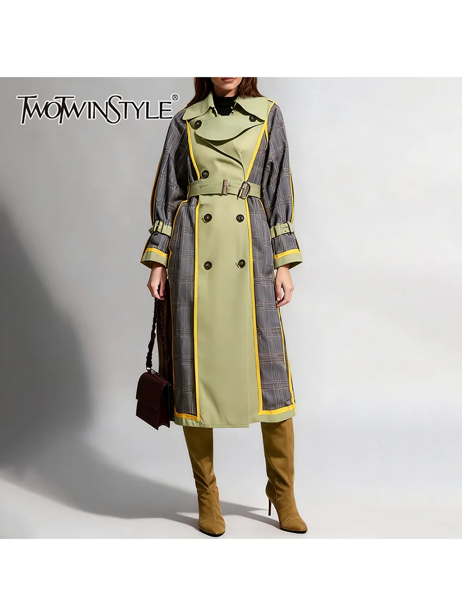 

TWOTWINSTYLE Hit Color Spliced Belts Fashion Trenchs for Women Lapel Long Sleeves Patchwork Double Breasted Trench Female New