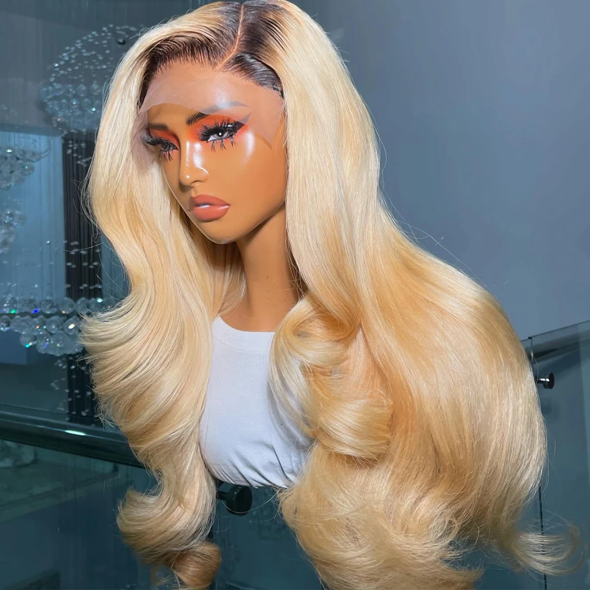 

613 Rooted Human Hair Body Wave Glueless 30 Inches Wig 400 Density Preplucked 1B/613 Brazilian Curly Wig 13x6 HD Lace Front Wig
