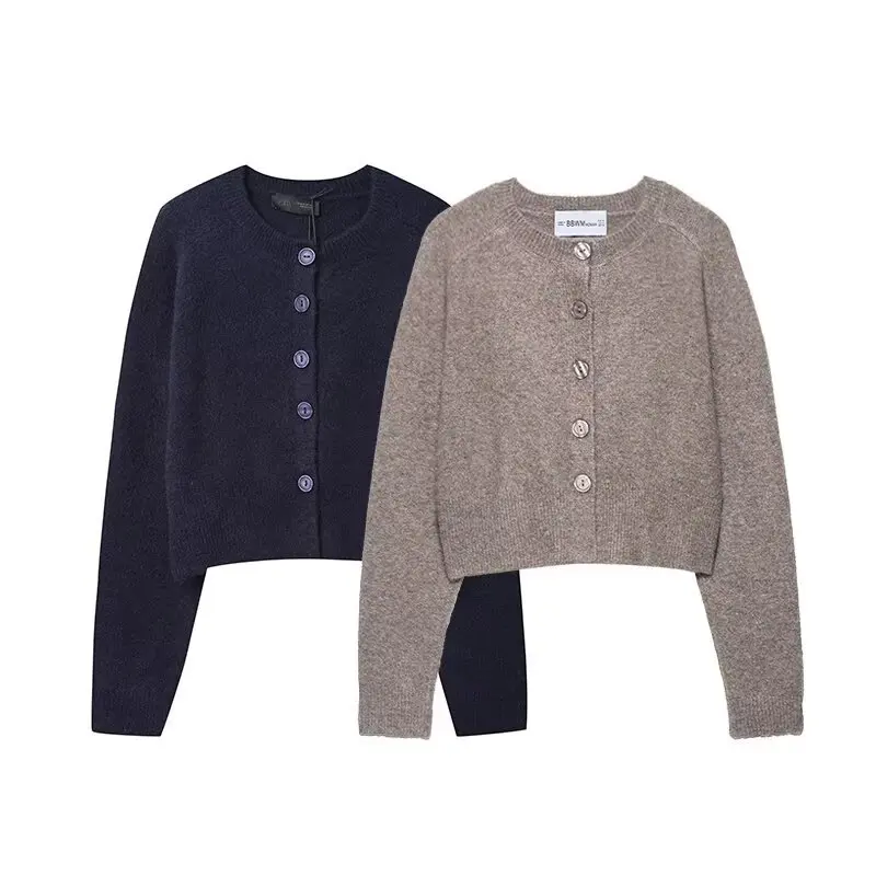 

New Knitted Jacket Women Short Round Neck Long Sleeve Single Breasted European Style Versatile Fashion Outerwear