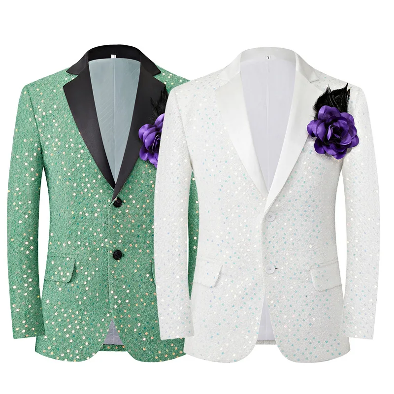 

2026 New Green Fresh Sequin Dress Blazer for Men,White Party Banquet Dance Singer Performance Slim-Fit Men's Jacket, Asian Sizes