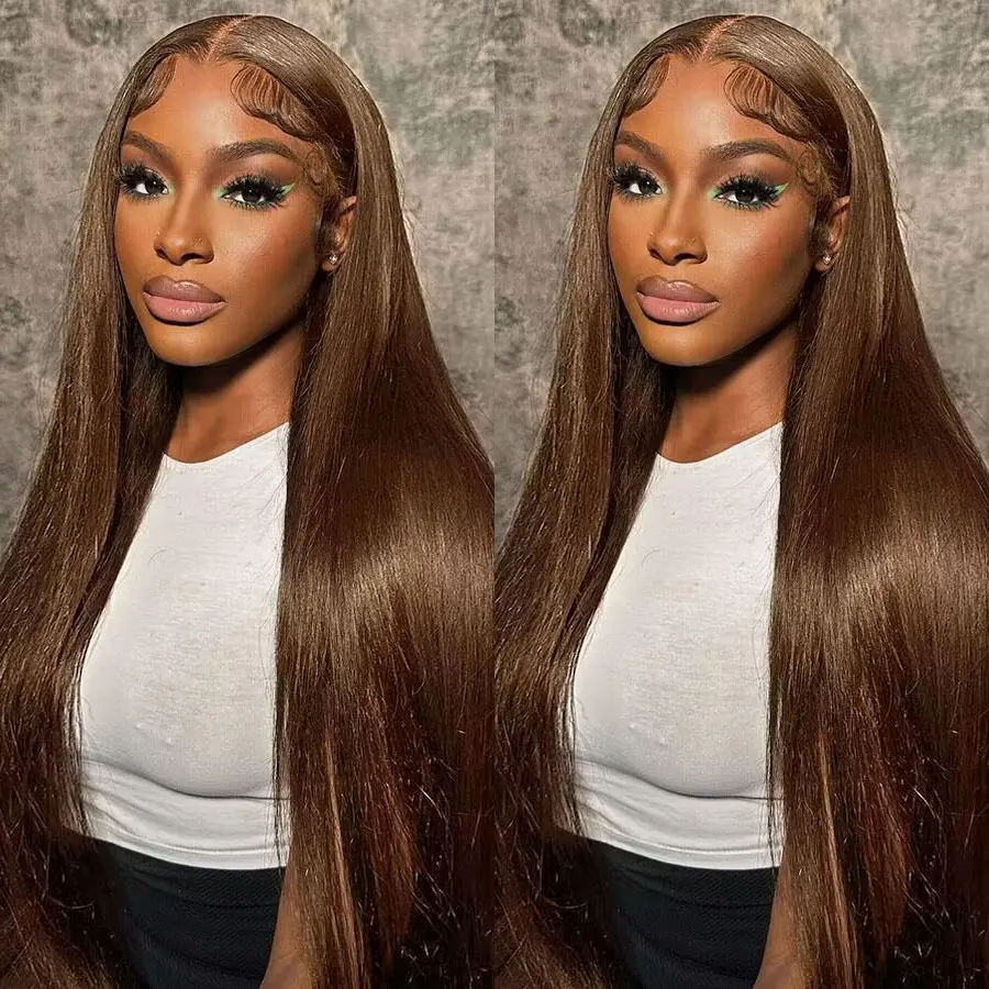 

200% Chocolate Brown Straight Lace Front Wigs Human Hair Transparent 13x4 Lace Frontal Human Hair Wig Pre Plucked Colored Wig