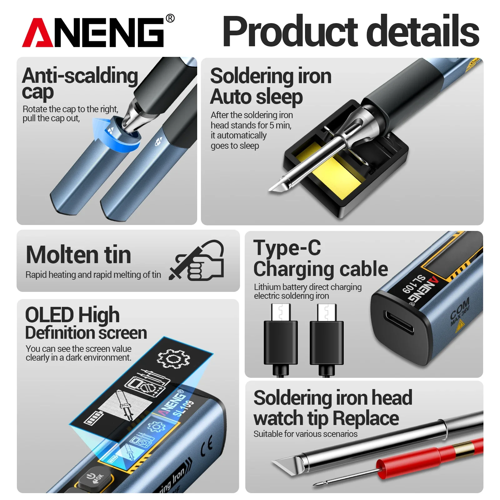 ANENG SL109 Soldering Iron 75W 100‑450℃ Type‑C PD QC Fast Charge OLED Reverse Display Built‑in Multimeter Repair Welding Tool