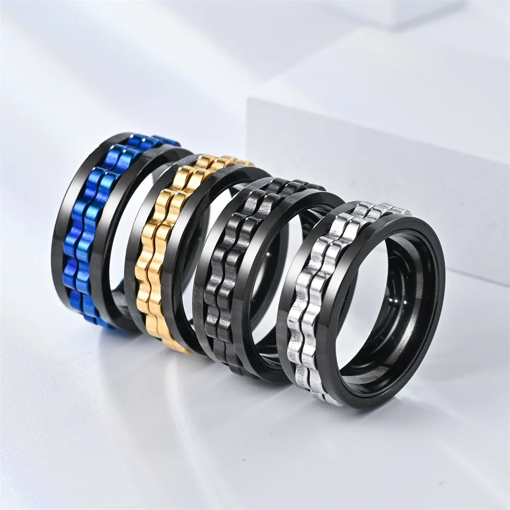 Anti Stress Stainless Steel Ring For Men Gear Chain Rotating Anxiety Relief Spinning Fidget Rings Punk Jewelry Size 6-13