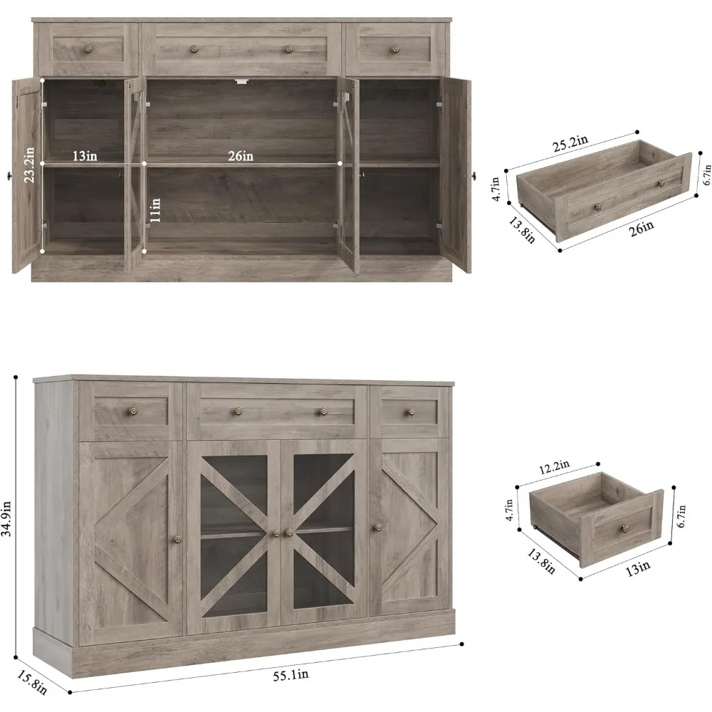 خزانة جانبية من keyluv بوفيه مقاس 55 بوصة، خزانة تخزين كبيرة 4 أبواب و3 أدراج، وبار قهوة خشبي للمزرعة، وأثاث خزانة موفر للمساحة #2