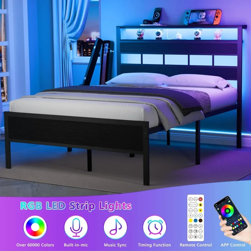 

Modern Full Size Bed Frame with LED Light and Charging Station, Wood Storage Headboard with 2-Tier Shelves, Metal Platform Bed