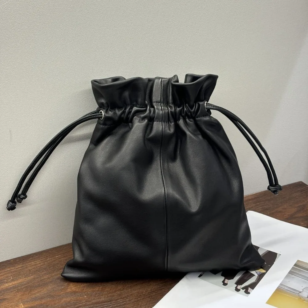 Drawstring Lucky Bag Versatile Shoulder Genuine Leather Women's Underarm Fashion Casual Slack Versatile Simple Texture Premium