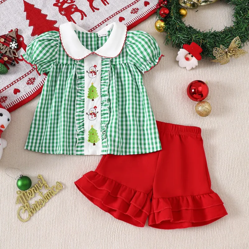 Newborn Toddler Baby Girl Christmas Outfit Green Gingham Puff Sleeve Shirt White Collar Embroidered Red Ruffled Shorts Set 0 24M