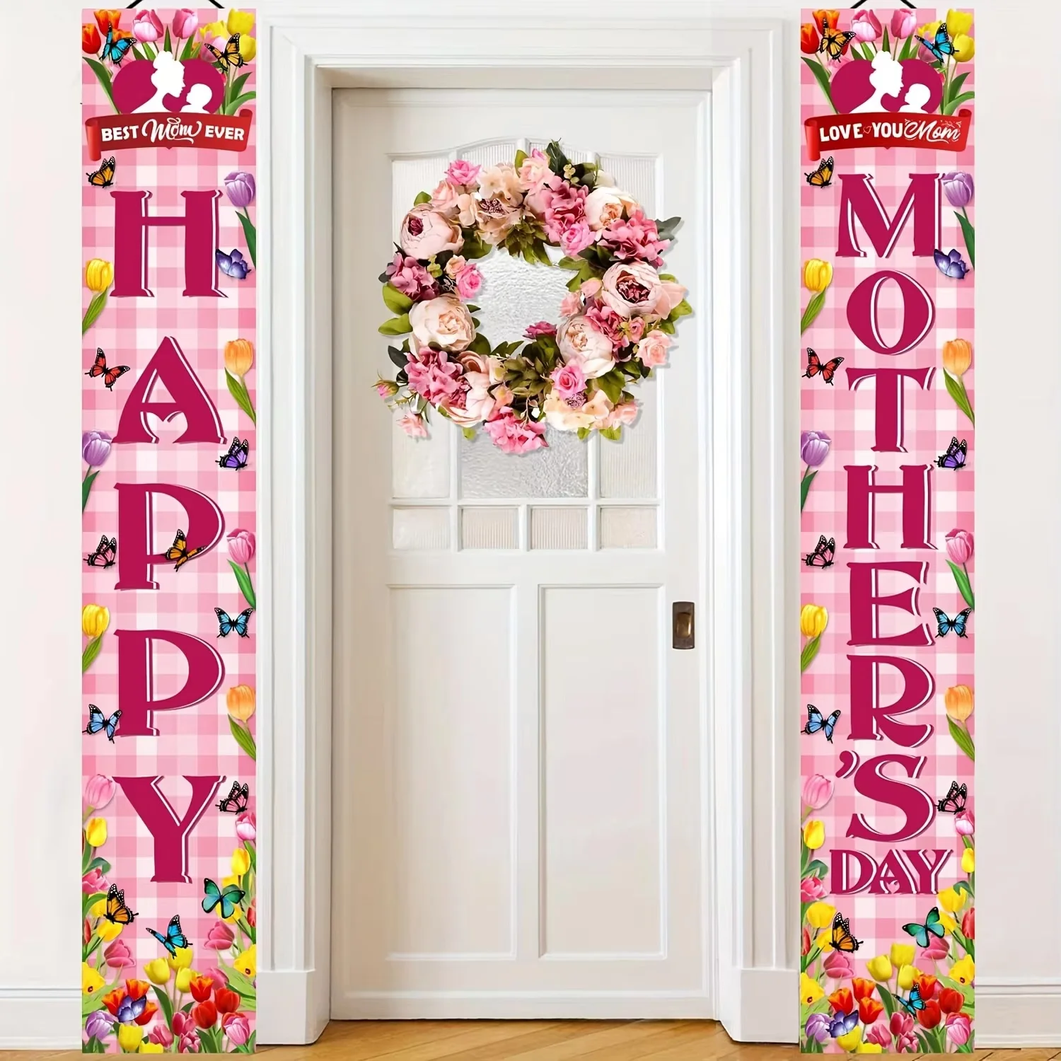 1 Pair Mother's Day Decorative Hanging Flags Best Mom Heart-Shaped Door Curtain Banner Romantic Flower Butterfly Party Decoration Home Store Holiday Scene Decoration Props