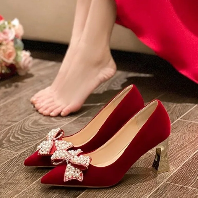 

Block Heel Wedding Shoes Women's 2025 New Chinese High Heels