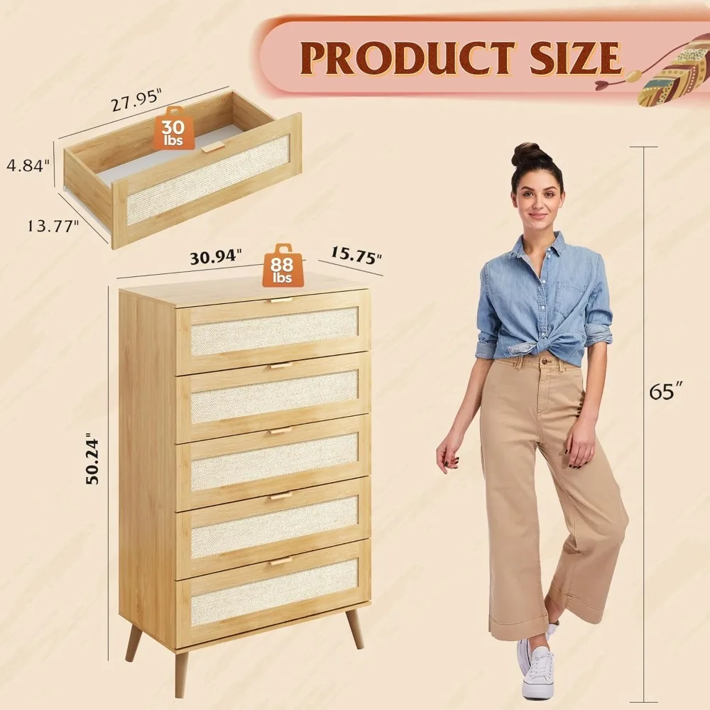 Drawer Dresser for Bedroom, Wood Dresser Storage with Rattan Drawers, Gold Metal Handle,Chest of Drawers for Living Room,Closet