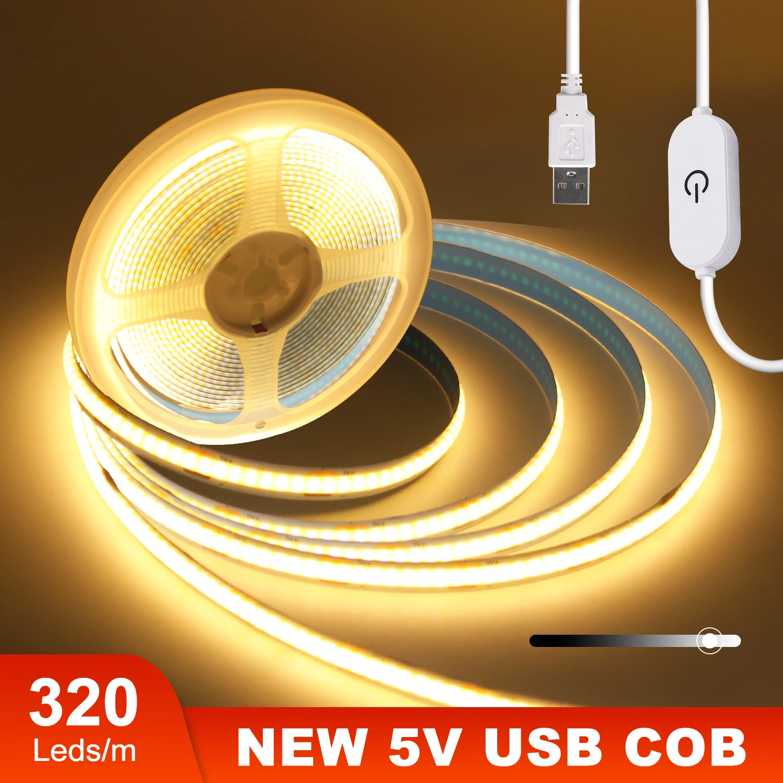 

LED COB Light Strip Touch Dimmer Flexible COB LED Strip 5V 320LEDs/m USB LED Tape Linear Lighting DIY TV PC Mirror Backlight