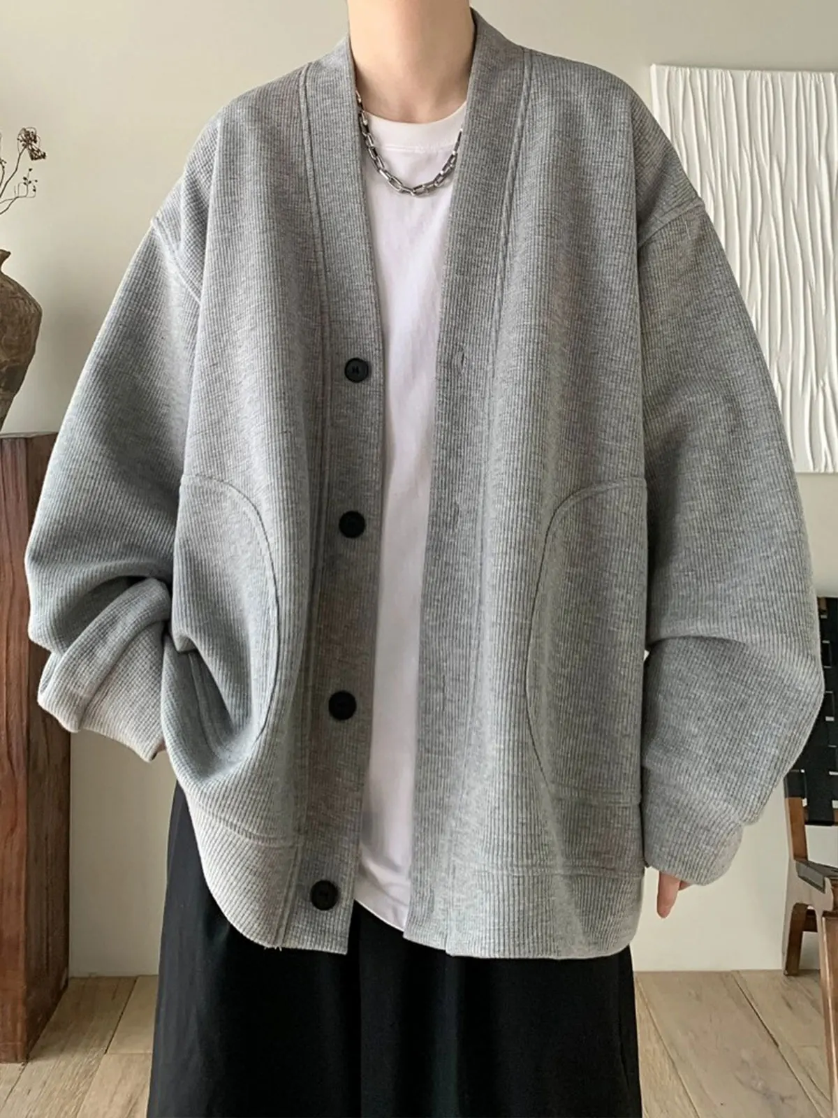 Loose Fit V-Neck Knitted Outerwear Men's Fashionable Lazy Style Waffle Patterned Cardigan Couple's Spring Autumn Jacket
