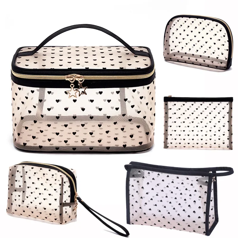 Mesh Cosmetic Makeup Bags Case Holder Cute Transparent Zipper Black Heart Printed Pencil Pen Case Pouch Convenient To Carry