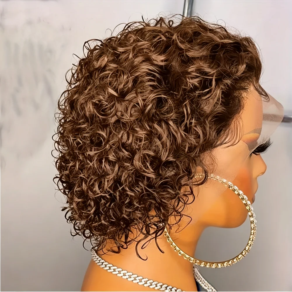 Women's Brown Short Curly Pixie Cut Human Hair Wig