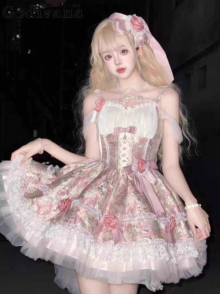 

Japanese 3D Rose Ruffles Bow Lace Lolita Dress Girly Harajuku Sweet Cute Slim-Fit Pink Princess Dress Women Trailing Party Dress