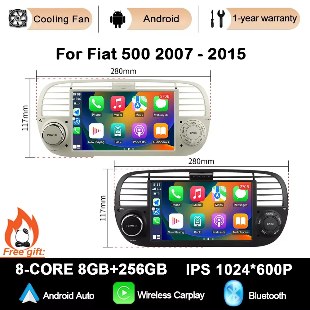 7'' Android 14 Car Multimedia Player for For Fiat 500 2007 - 2015 GPS Carplay Auto Radio RDS DSP Stereo Video Audio Head Unit BT