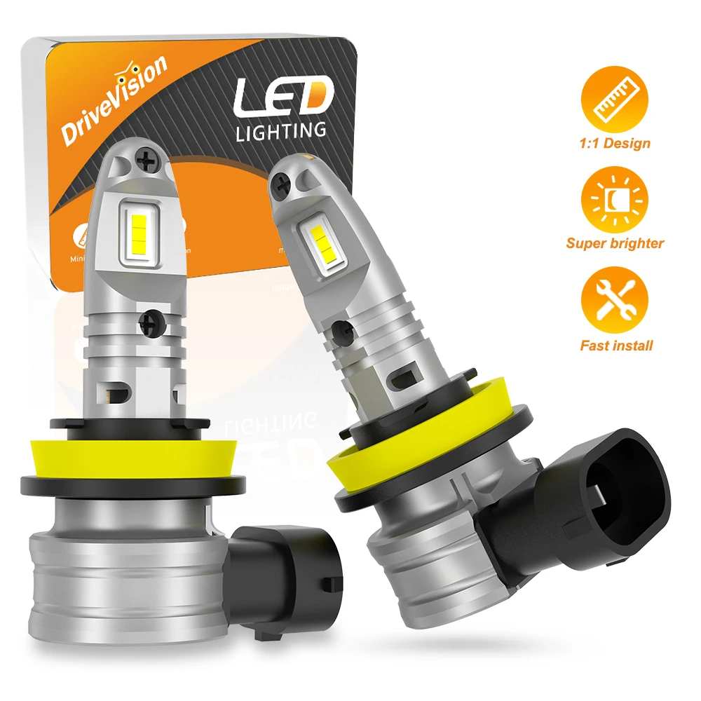 DRIVEVISION 2Pcs H11 H4 H3 Mini Led Headlight Bulb 1:1 Size Fanless CSP for Car Lamp Fog Lights Driving Light 6500K White 12V