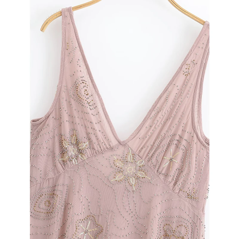 YENKYE nuevas mujeres Sexy semitransparente cuentas lentejuelas Vestidos sin mangas moda sin espalda cintura alta cuello en V vestido de verano Midi Vestidos