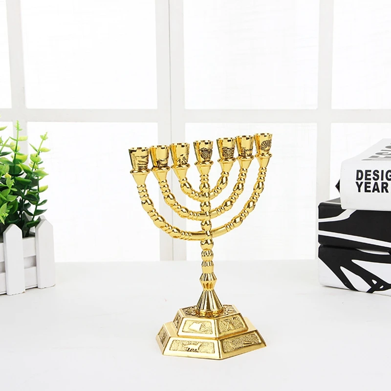 UISN Tempat Lilin Menorah Yahudi Emas Agama Tempat Lilin Hanukkah 7 Cabang Menorah