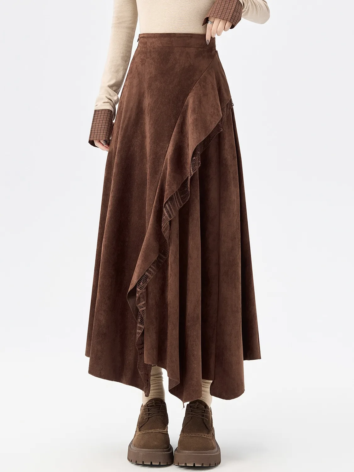 

Ретро-юбка из замши для женщин, осенне-зимняя, А-силуэт, миди, с асимметричным подолом, в корейском стиле, для повседневной носки, с высокой талией, из полиэстера