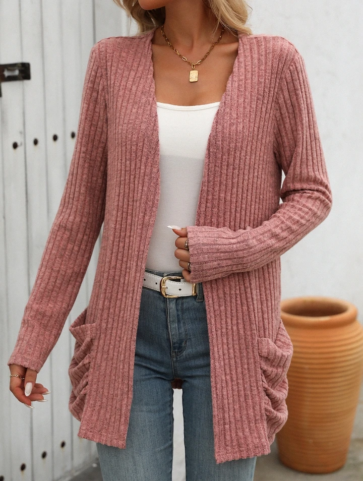 2025 Autumn Winter Womens Cardigan Fashion Casual Solid Color Pit Stripe Brushed Pocket Cardigan Long Sleeved Jacket for Women