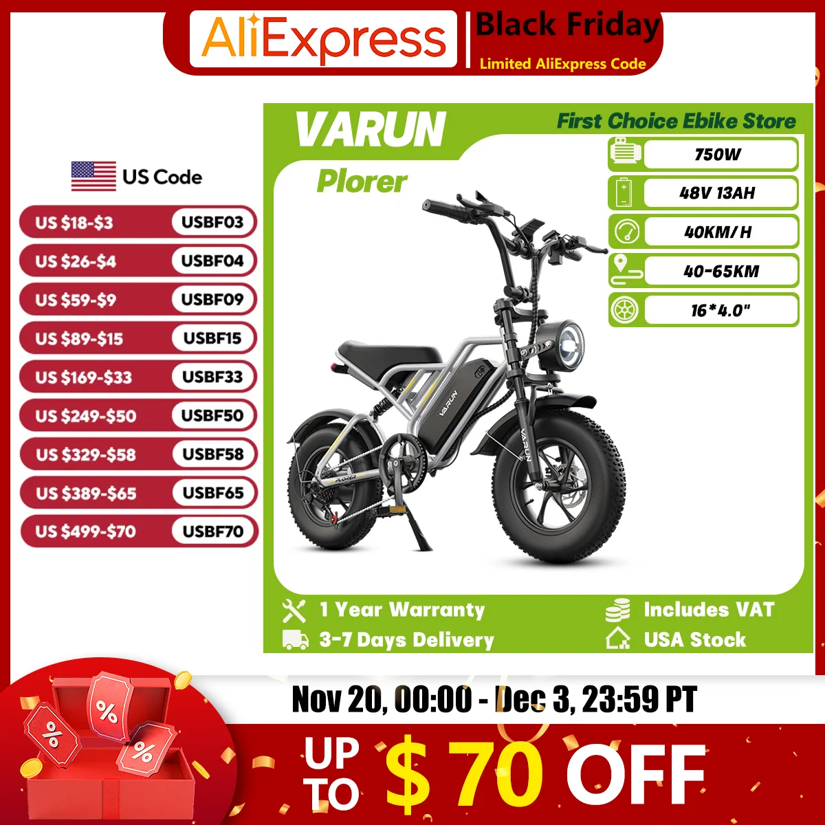 

VARUN Plorer Adult Off-Road Ebike 750W Peak Motor 48V 13Ah Battery Mountain Electric Bicycle 16*4.0" Fat Tire Snow Electric Bike