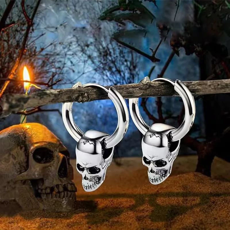 

2pcs 316L Stainless Steel Trendy Vintage Skull Earrings For Men, Punk Gothic Hoop Earrings Hyposensitization Piercing jewelry