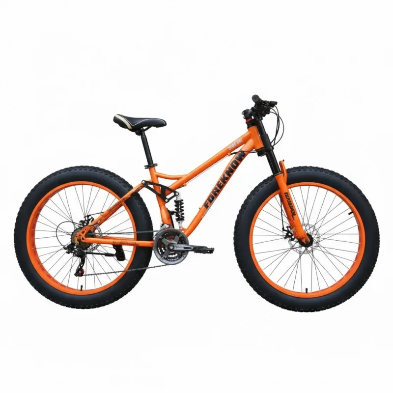 Orange 24' Variable Speed Off-Road Mountain Bike for Adults with Shock Absorption And Ultra-Wide 4.0 Tires Beach And Snow