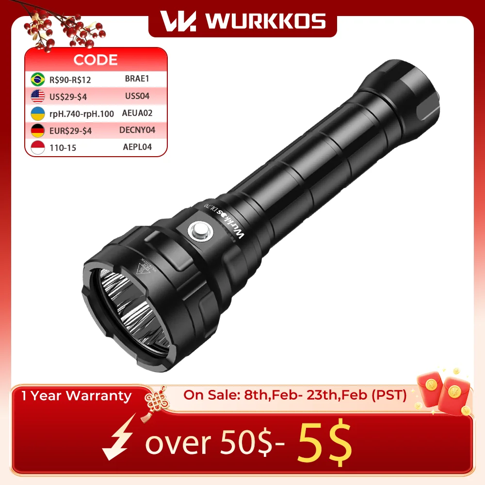 Wurkkos DL70 Lặn Biển Siêu Sáng Đôi 26650 Pin 13000lm IPX8 Chống Thấm Nước Dưới Nước Bổ Nhào LED 4 * XHP50B 4 chế Độ