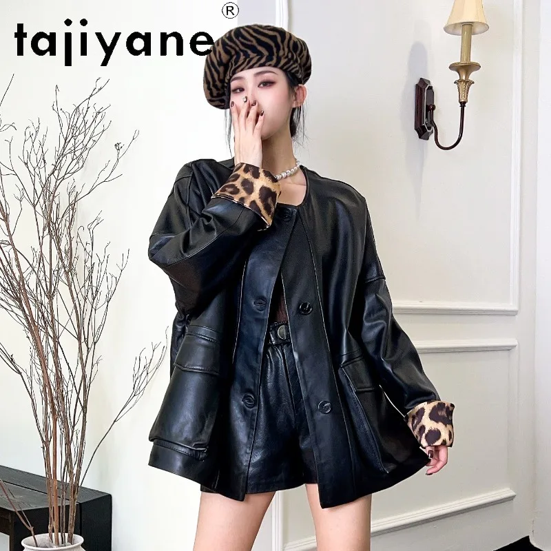 TAJIYANE Sheepskin Genuine Leather Jacket Woman Leopard Print Cuffs Leather Coat O-Neck Jackets for Woman Black Outerwear 가죽자켓